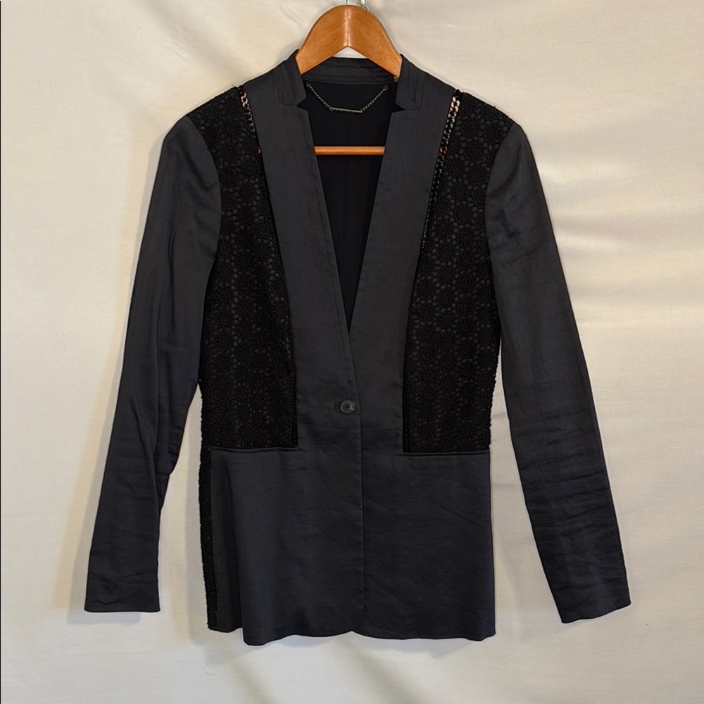 Ellie Tahari Elegant Black and Navy Women's Jacket Crochet Panels Blazer